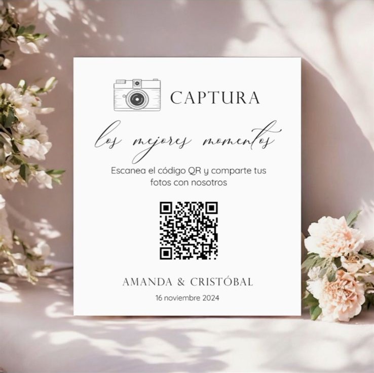 Tarjeta con código QR: Captura los mejores momentos, con los nombres y la fecha de los novios