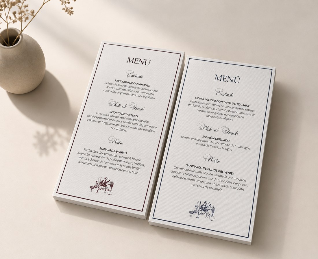 Menús impresos con el diseño del matrimonio