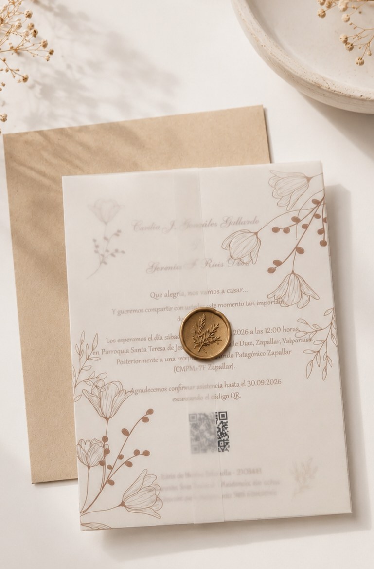 Invitación impresa con papel vegetal, sello de lacre y código QR