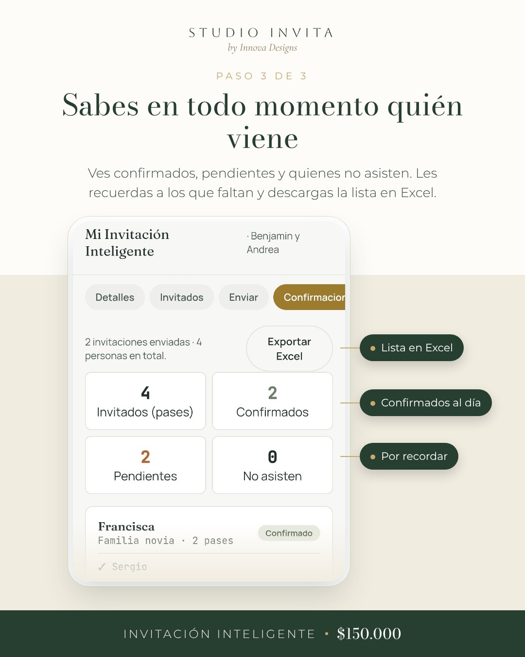 Paso 3: ves quién confirmó, quién está pendiente y quién no asiste, y descargas la lista en Excel