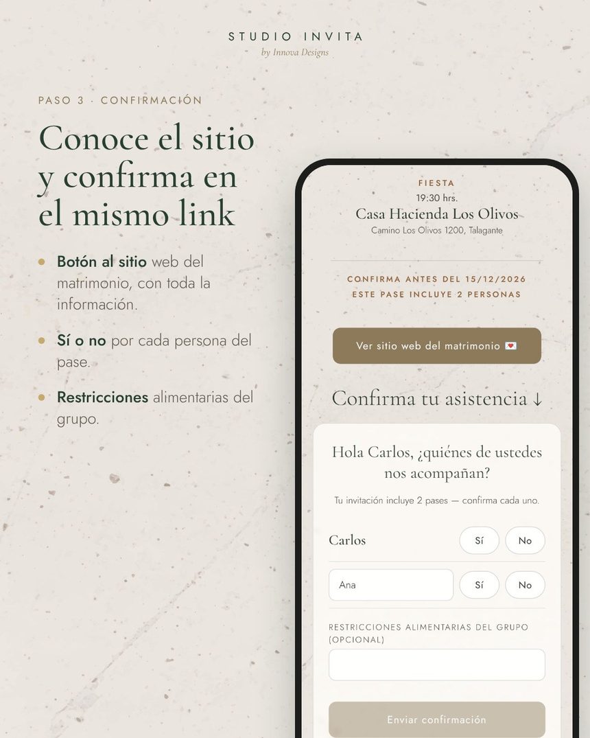 Botón para ver el sitio web y confirmación de asistencia por cada persona del pase