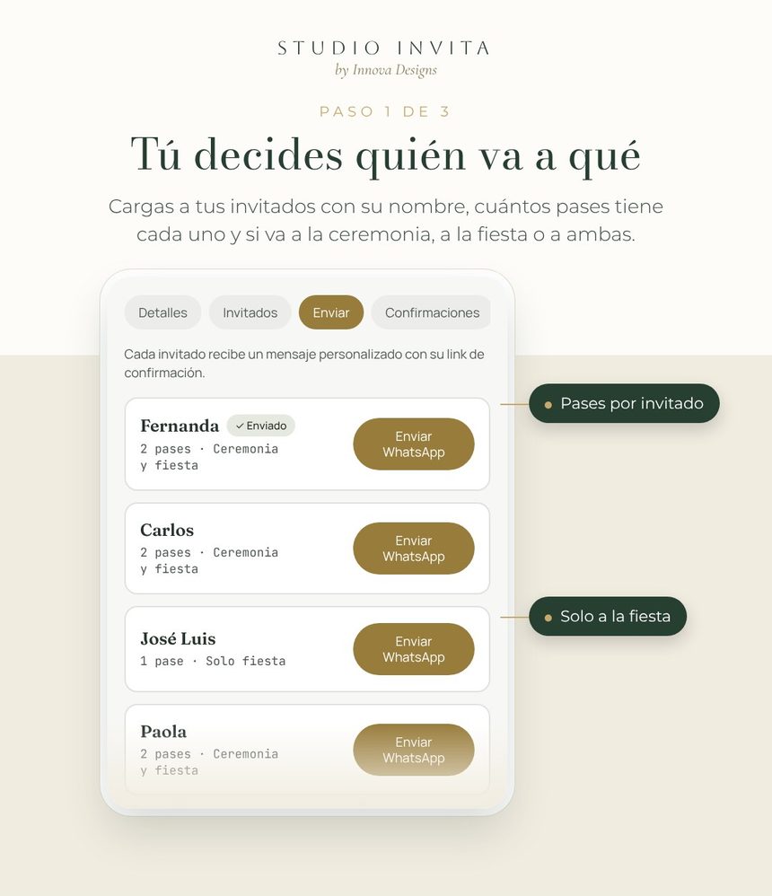 Paso 1: cargas a tus invitados con nombre, pases y si van a la ceremonia, a la fiesta o a ambas, y envías cada invitación por WhatsApp