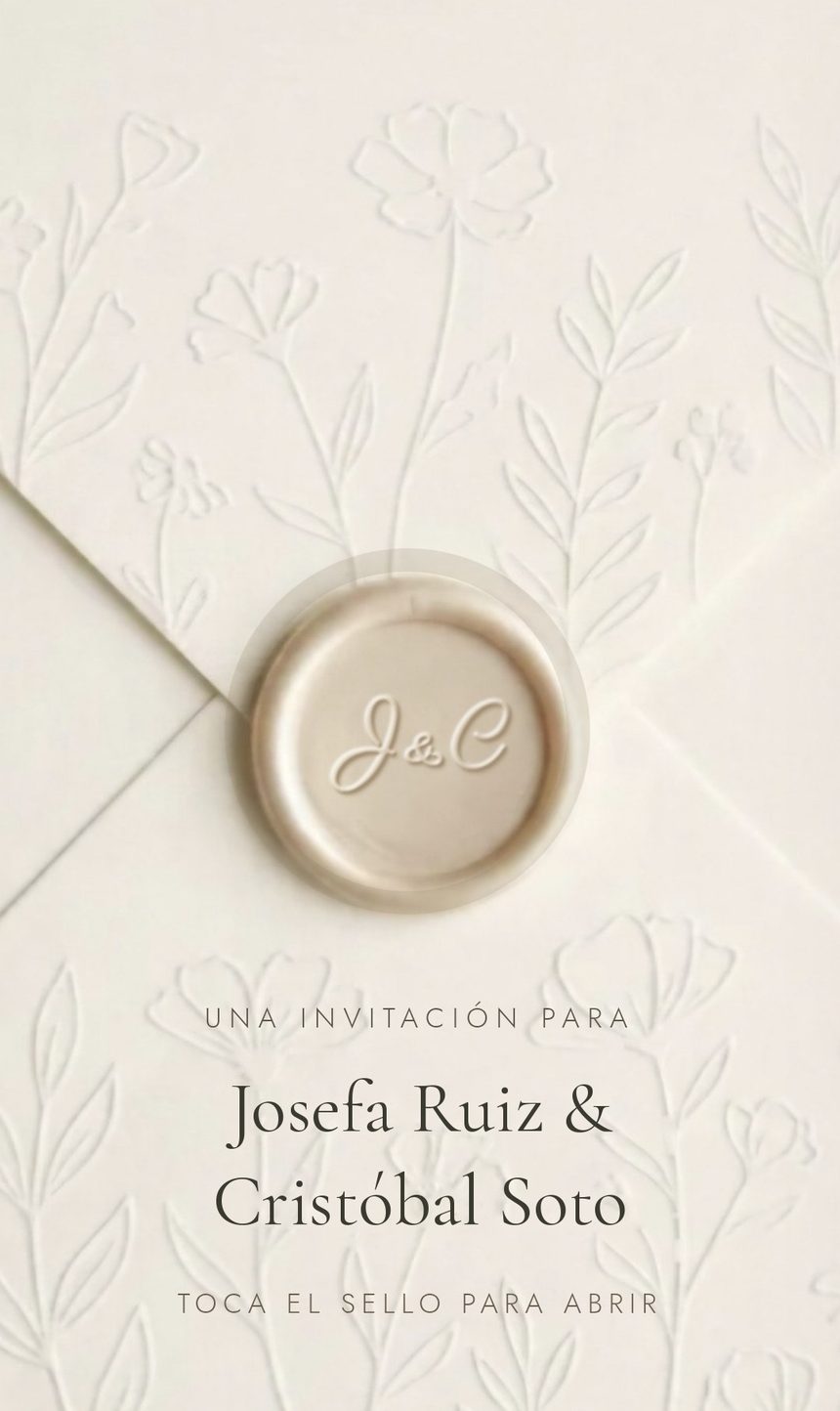 Portada de la invitación con el nombre del invitado y el sello de lacre